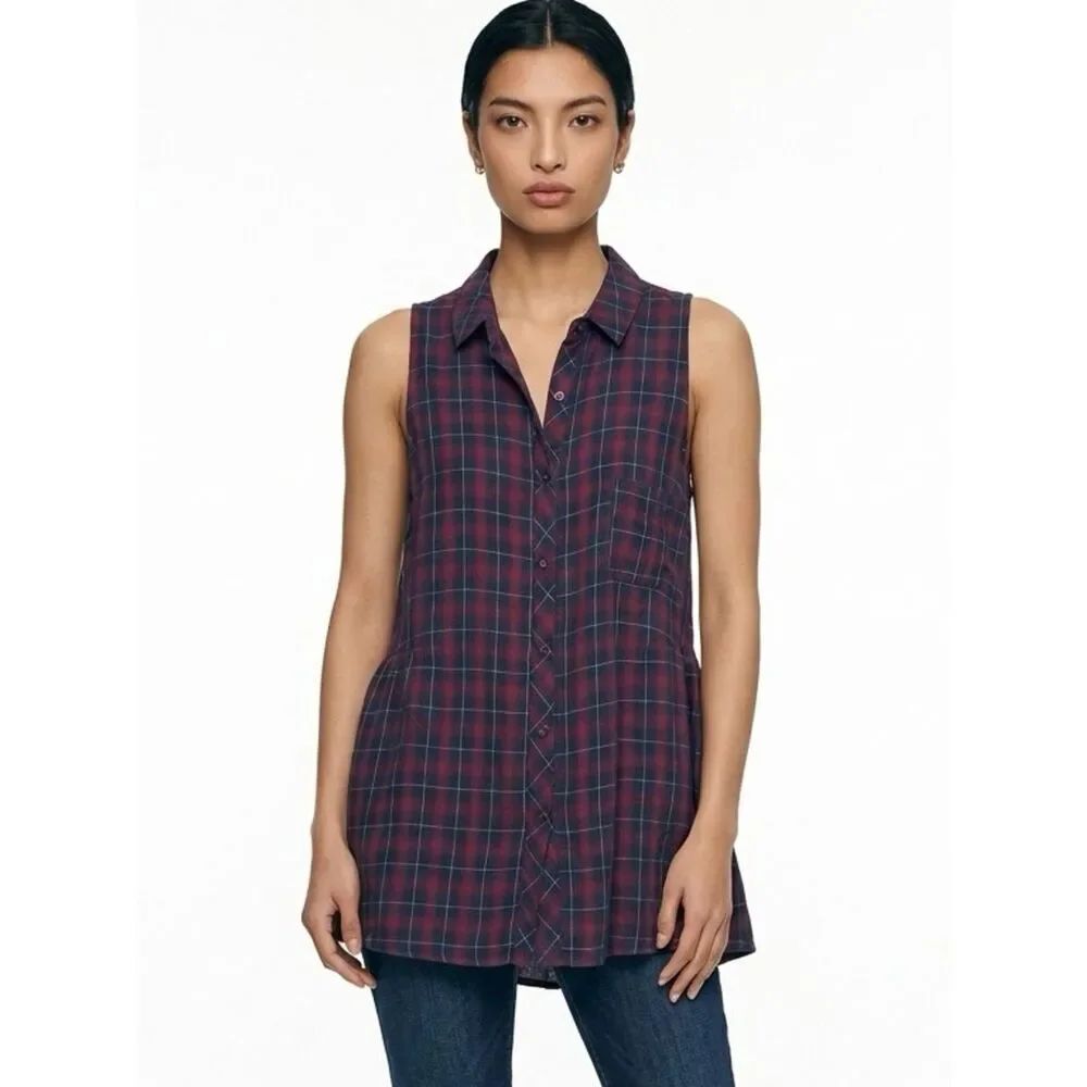 POL | Burgundy Navy Blue Plaid Sleeveless Button Down Shirt Women’s Size Large